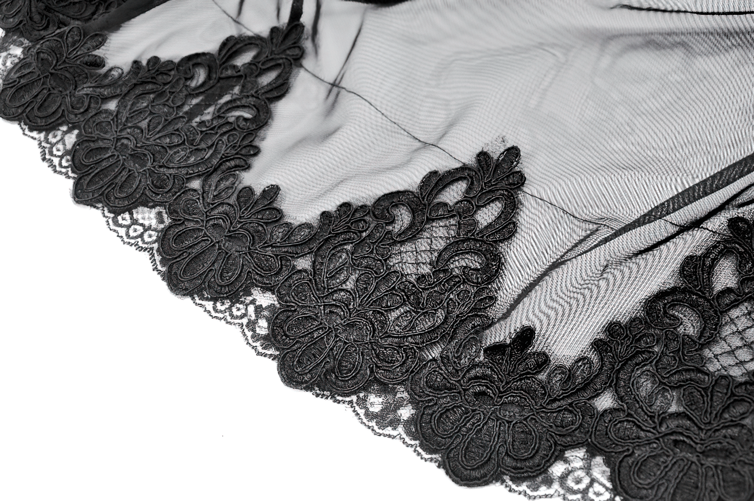 Elegant Lace Skater Skirt with Elastic Waist and Detail in gothic black lace trim showcasing intricate hem design.