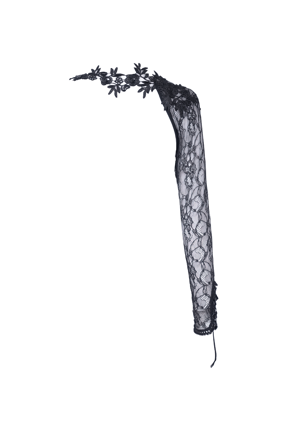 Elegant black lace sleeve accessory with floral appliques for gothic fashion.