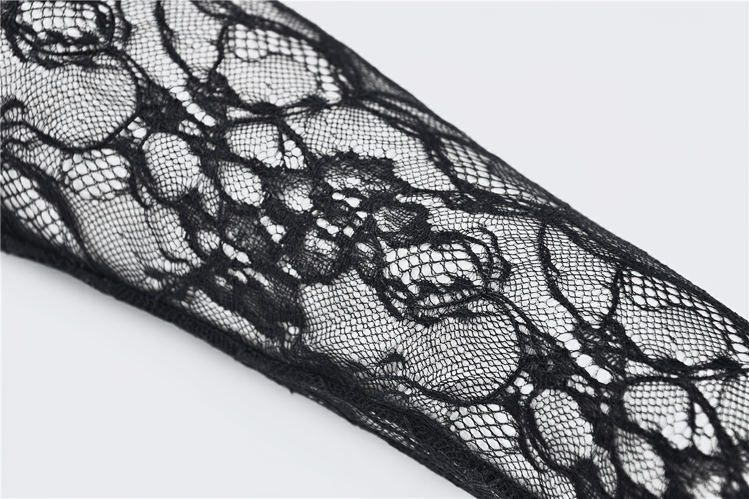 Elegant black lace sleeve accessory featuring intricate floral appliques for gothic fashion.