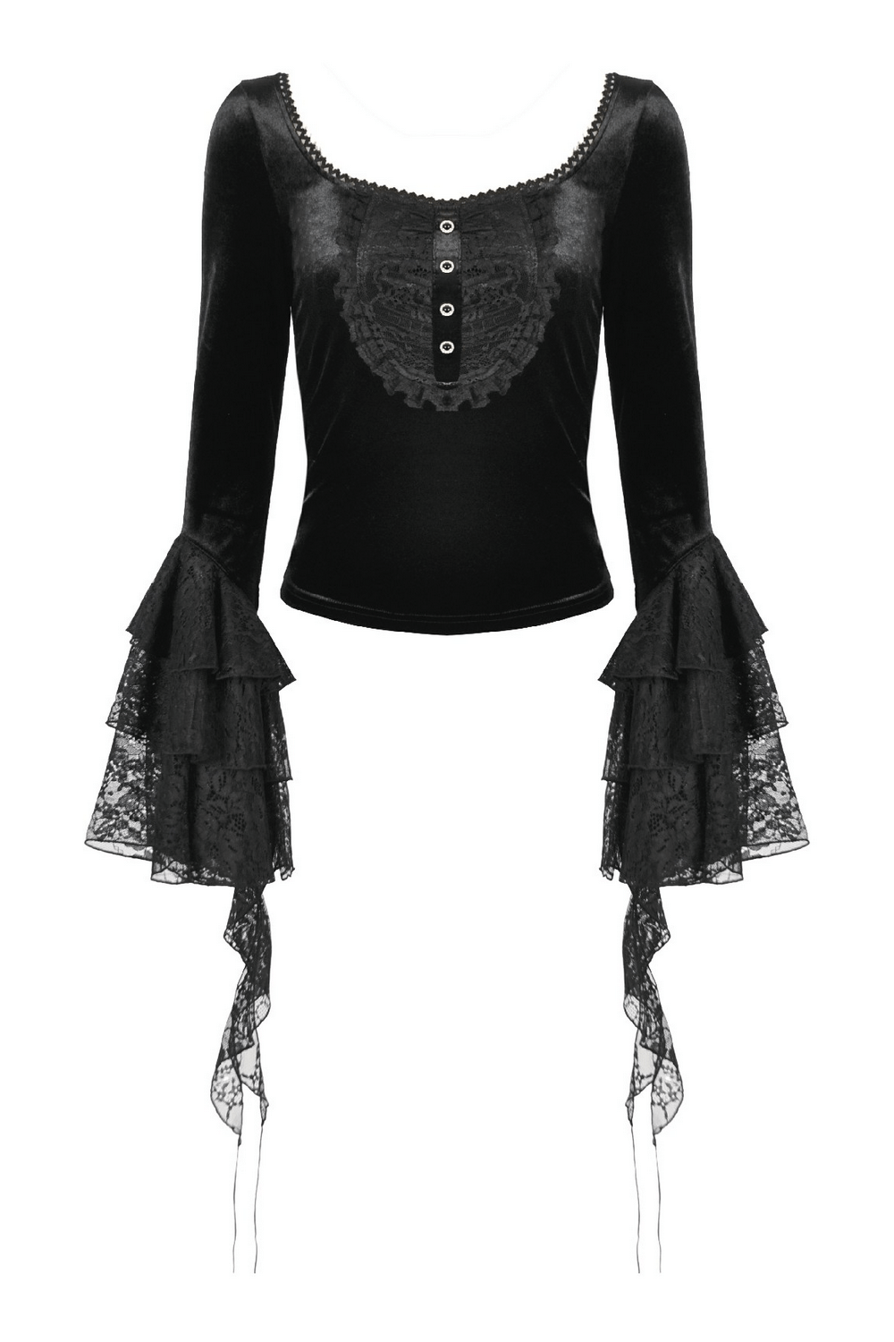 Elegant Lace Sleeve Gothic Velvet Top with Ruffle Details, featuring dramatic lace ruffles and elegant velvet finish.