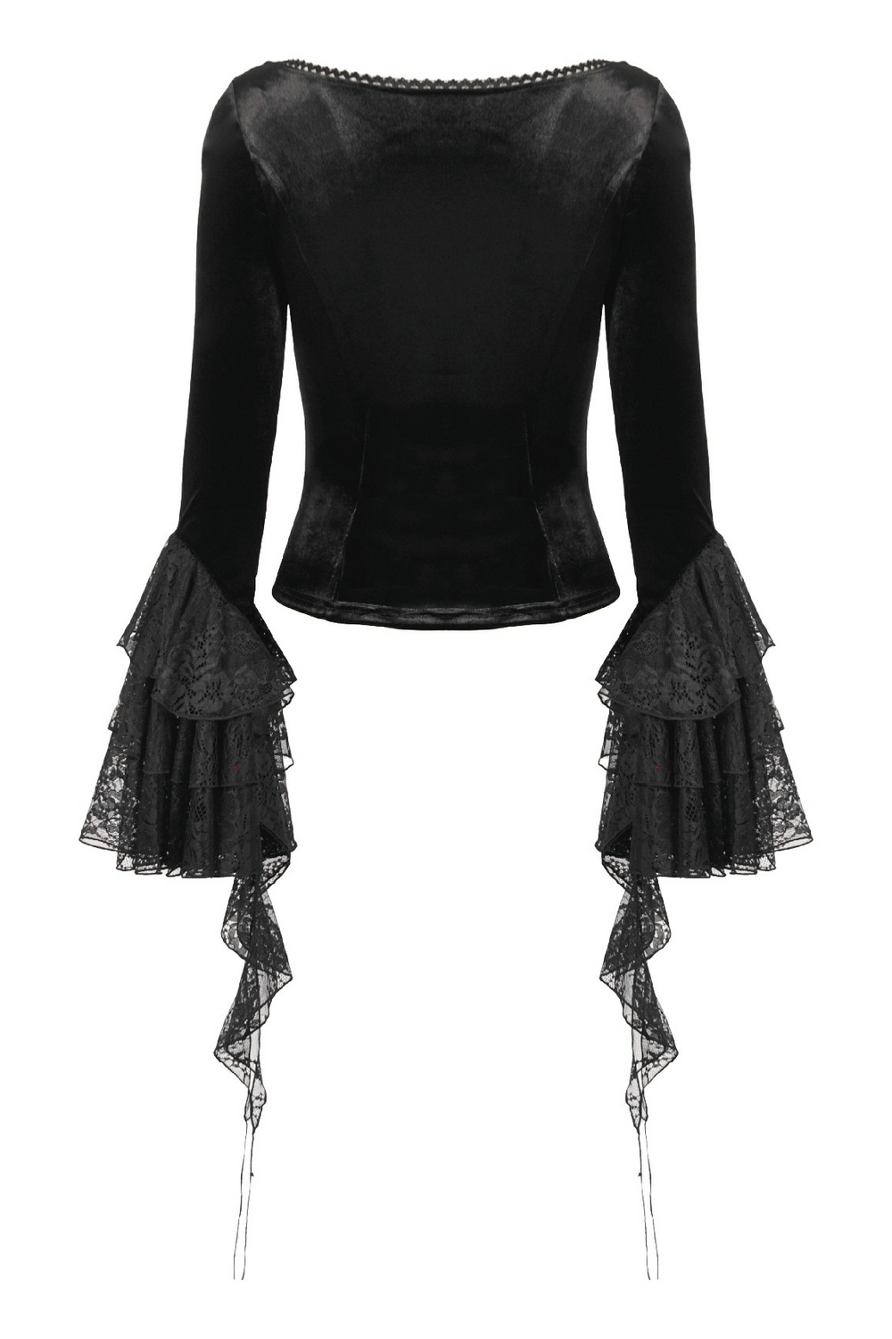 Elegant Lace Sleeve Gothic Velvet Top with Ruffle Details showcasing luxurious black fabric and dramatic lace sleeves.