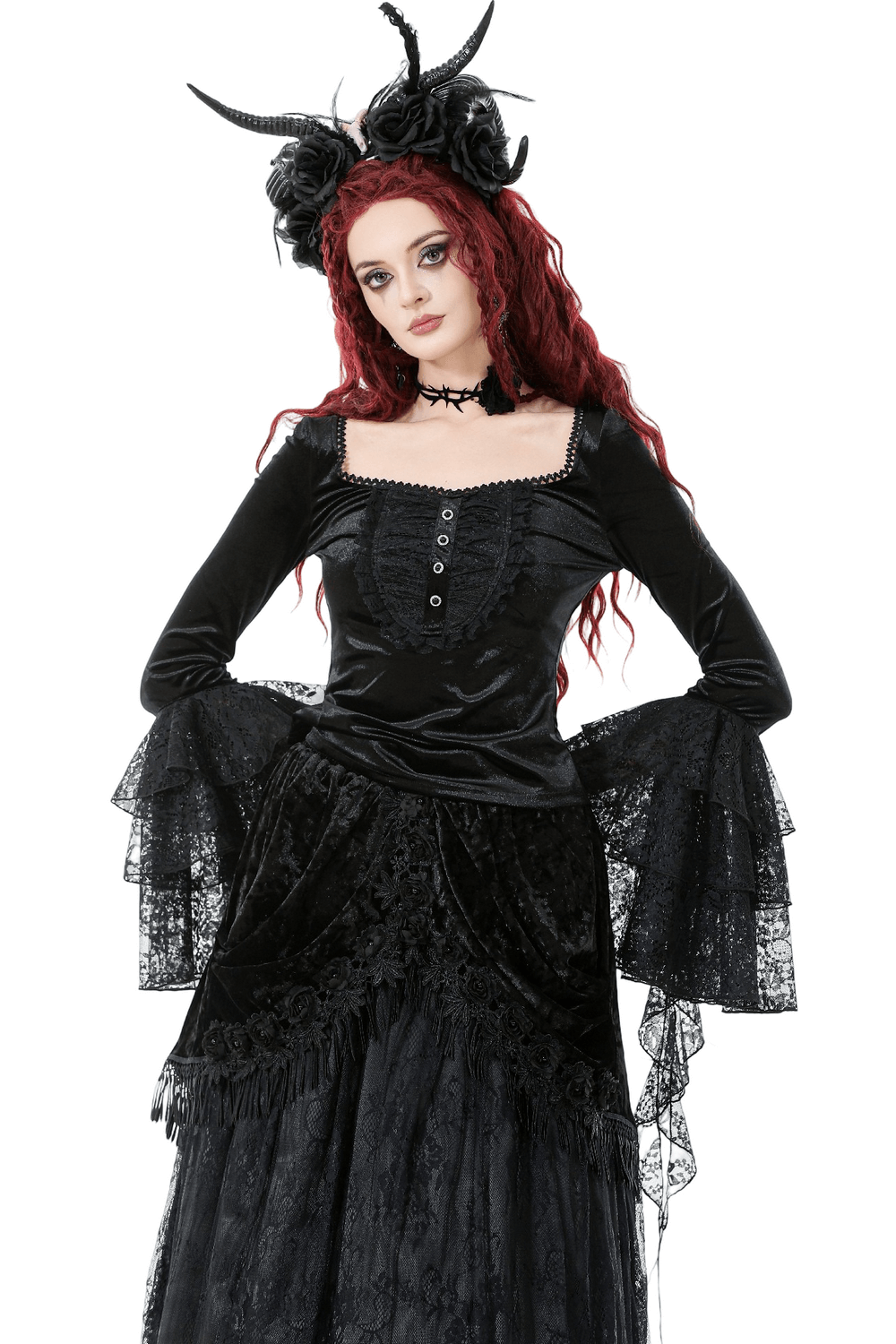 Elegant Lace Sleeve Gothic Velvet Top with Ruffle Details worn by a model with red hair and gothic accessories.