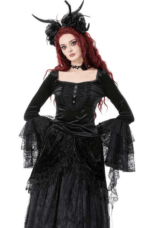Elegant Lace Sleeve Gothic Velvet Top with Ruffle Details