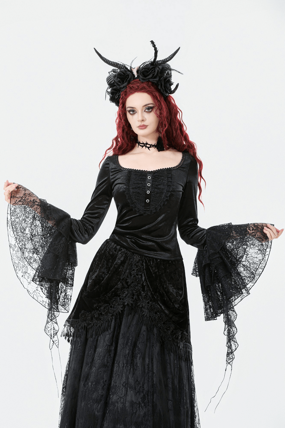 Elegant Lace Sleeve Gothic Velvet Top with Ruffle Details worn by model with red hair and horned headpiece.