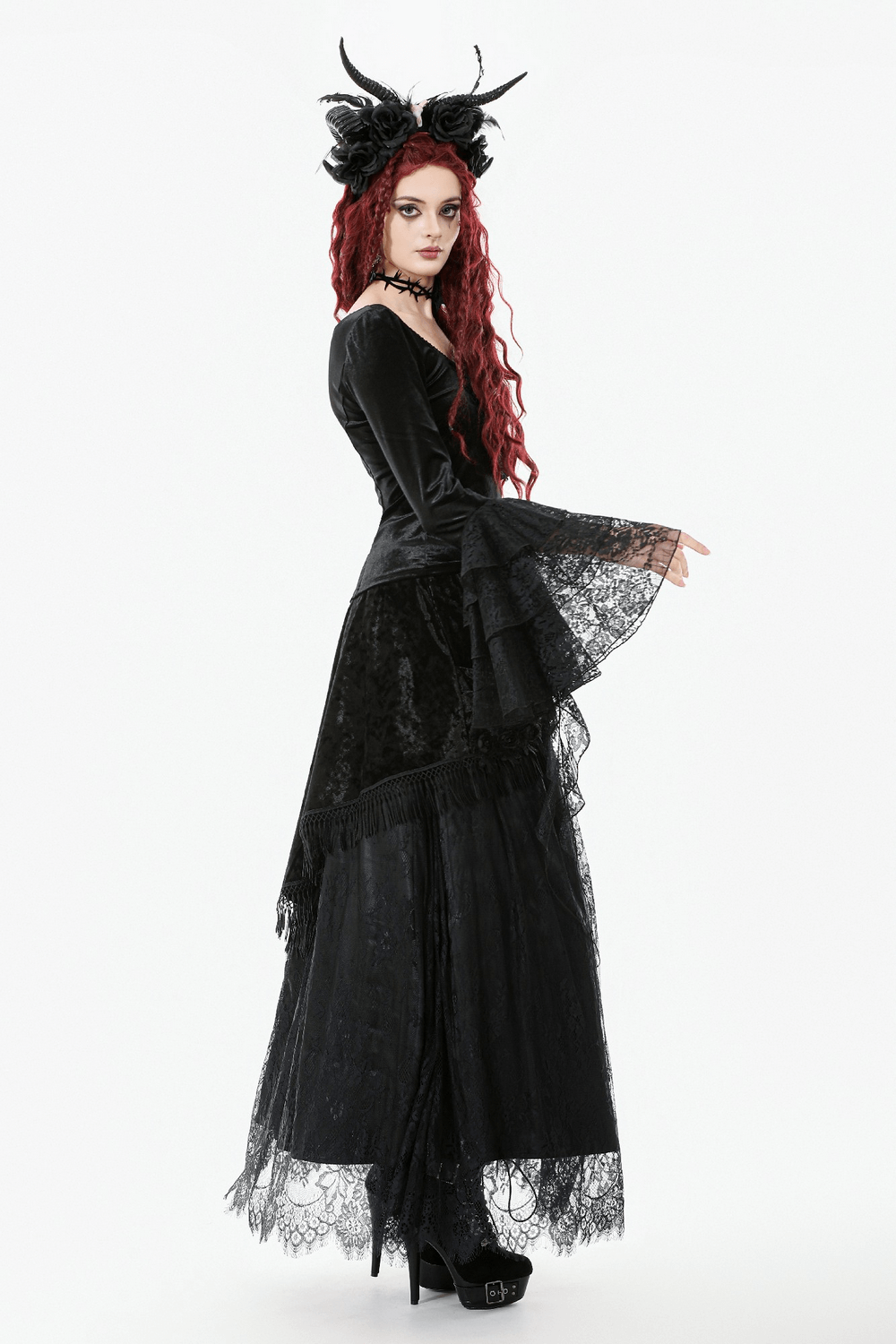 Elegant Lace Sleeve Gothic Velvet Top with Ruffle Details styled with a long gothic skirt and dramatic accessories.