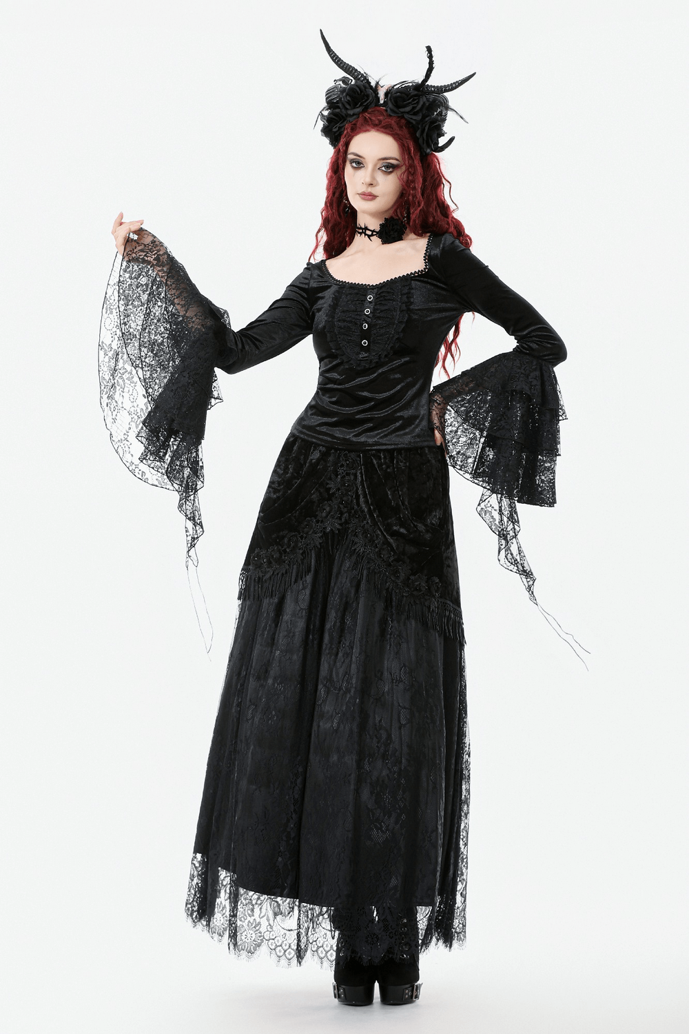 Elegant Lace Sleeve Gothic Velvet Top with Ruffle Details worn by a model with striking red hair and dramatic accessories.