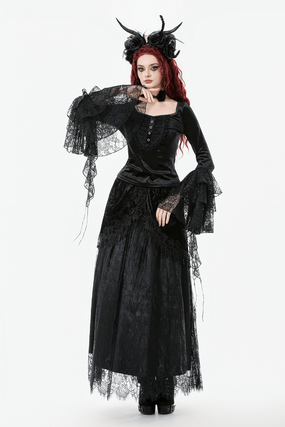 Elegant Lace Sleeve Gothic Velvet Top with Ruffle Details worn by a model showcasing gothic fashion elegance.