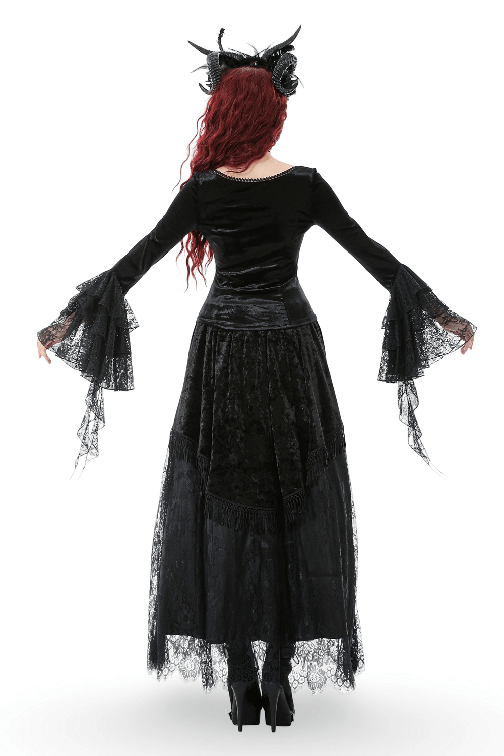 Elegant Lace Sleeve Gothic Velvet Top with Ruffle Details showcased from the back with flowing, dramatic sleeves.