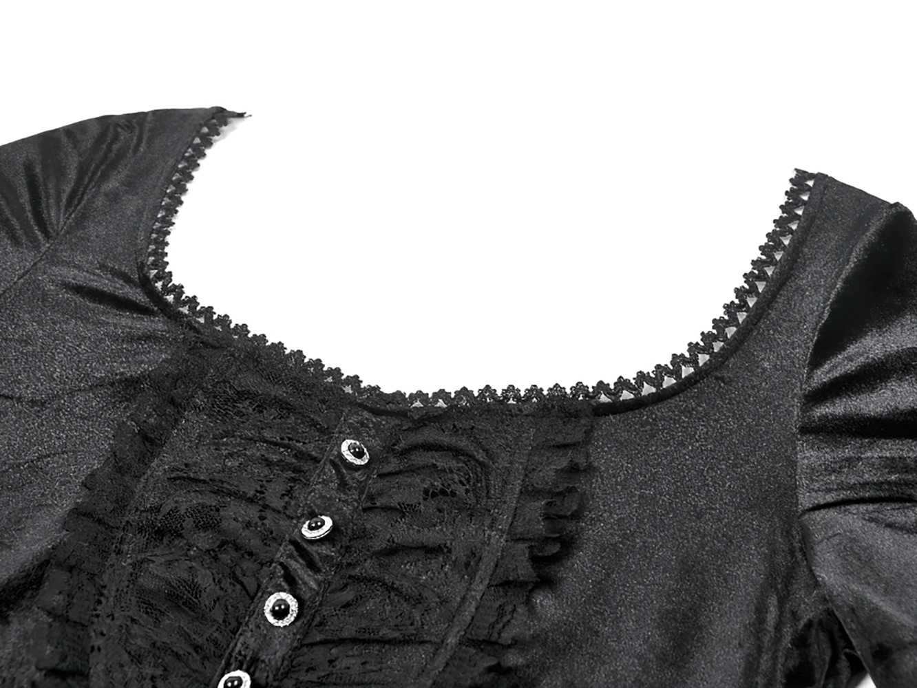 Elegant Lace Sleeve Gothic Velvet Top with Ruffle Details showcasing delicate lace and button details.
