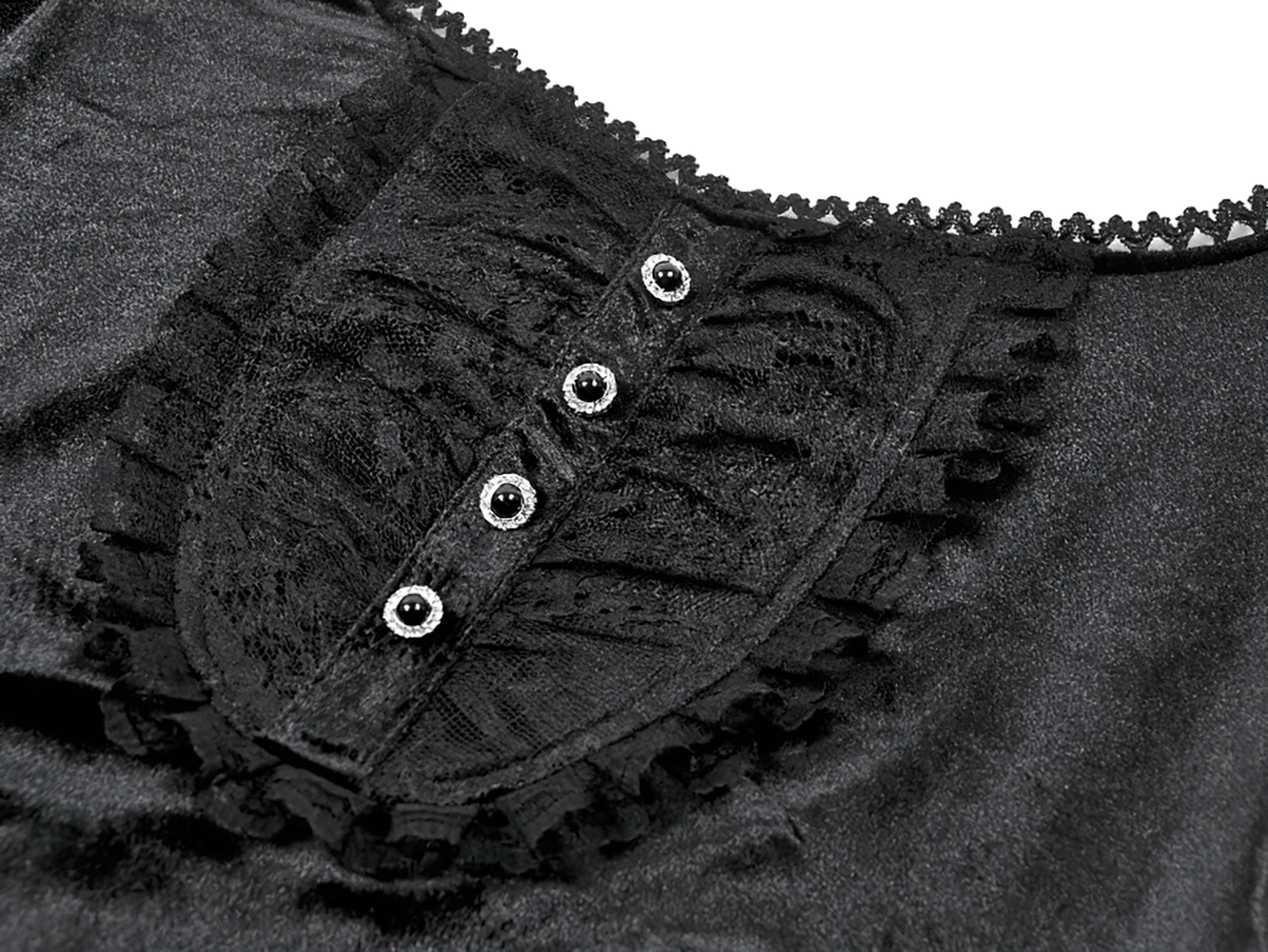 Elegant Lace Sleeve Gothic Velvet Top with Ruffle Details featuring intricate lace and button details.