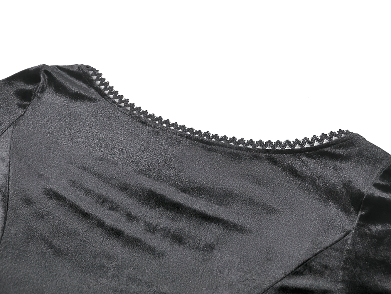 Elegant Lace Sleeve Gothic Velvet Top with Ruffle Details showcasing its luxurious black fabric and intricate lace neckline.