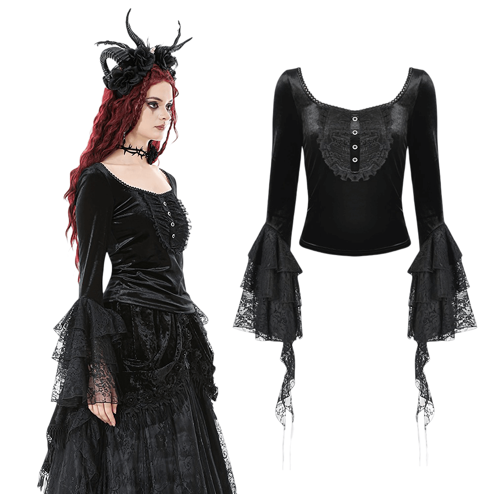 Elegant Lace Sleeve Gothic Velvet Top with Ruffle Details showcased on a model and alone for style inspiration.