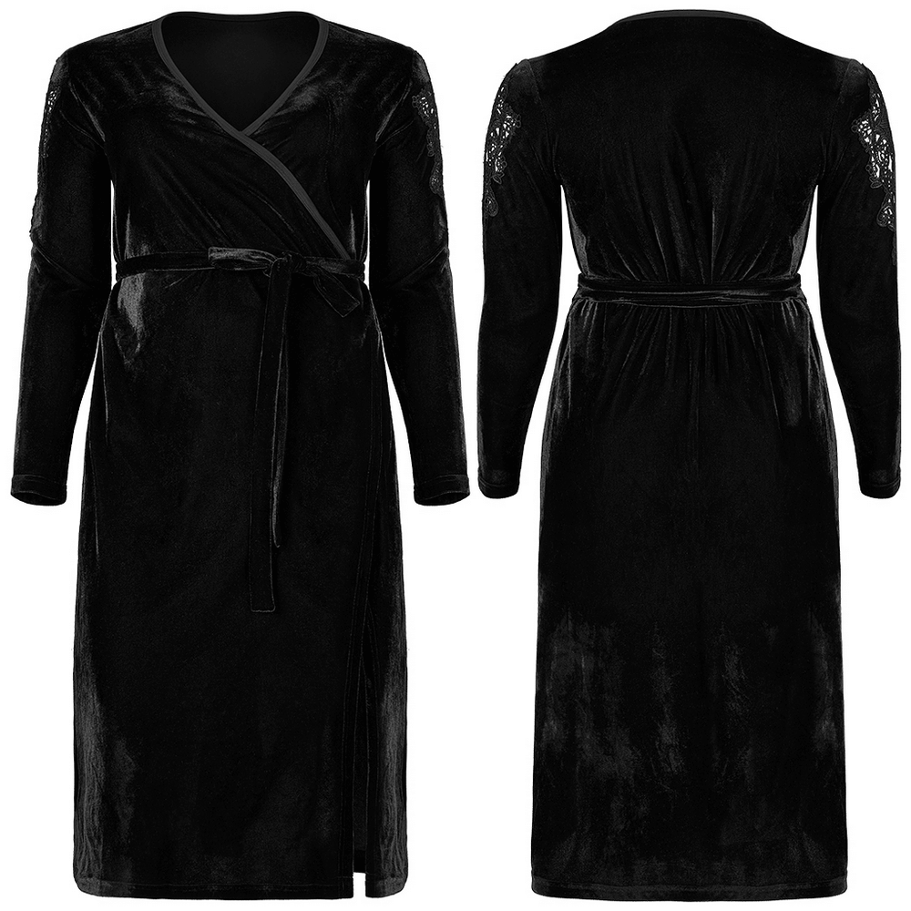 Elegant black velvet midi dress with lace sleeves and hem, featuring a flattering V-neck and stylish wrap design.
