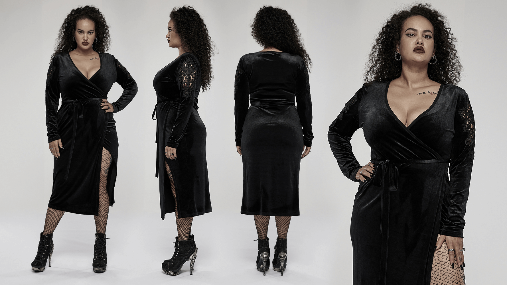 Elegant velvet midi dress with lace sleeves and V-neck, featuring a stylish side slit for a chic goth look.