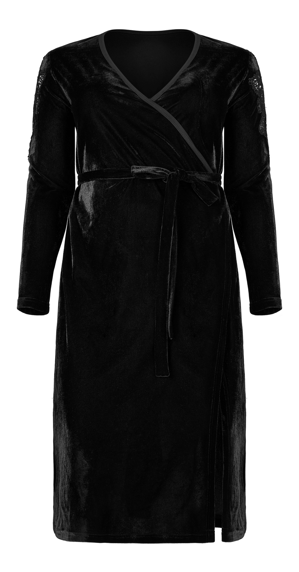 Elegant black velvet midi dress with lace sleeves, V-neck, and stylish belt, perfect for gothic-inspired evenings.