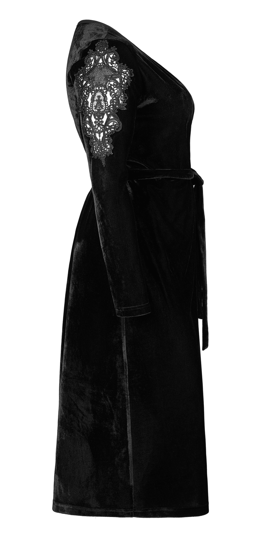 Elegant velvet midi dress with lace sleeves, featuring a chic gothic design and flattering V-neck.