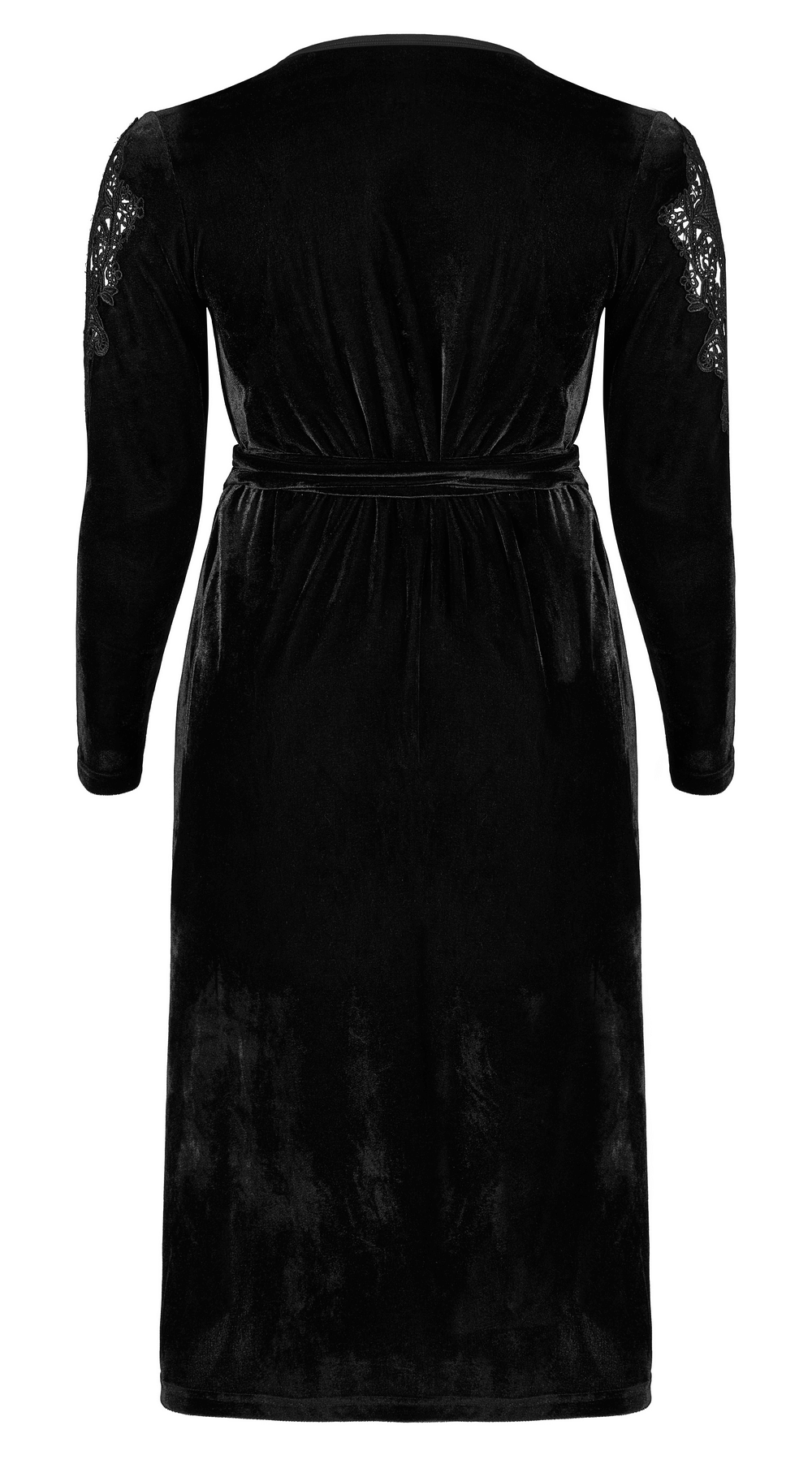 Back view of an elegant black velvet midi dress with lace sleeves and a flattering fit, perfect for chic gothic style.
