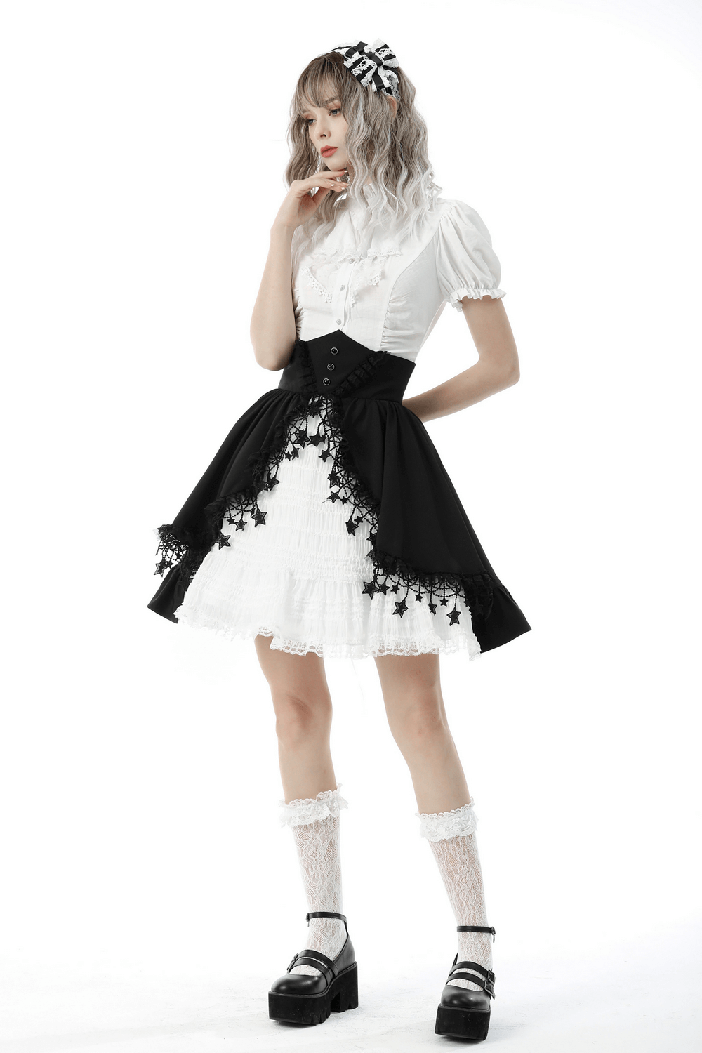 Elegant Lace-Trimmed Black and White High Waist Skirt