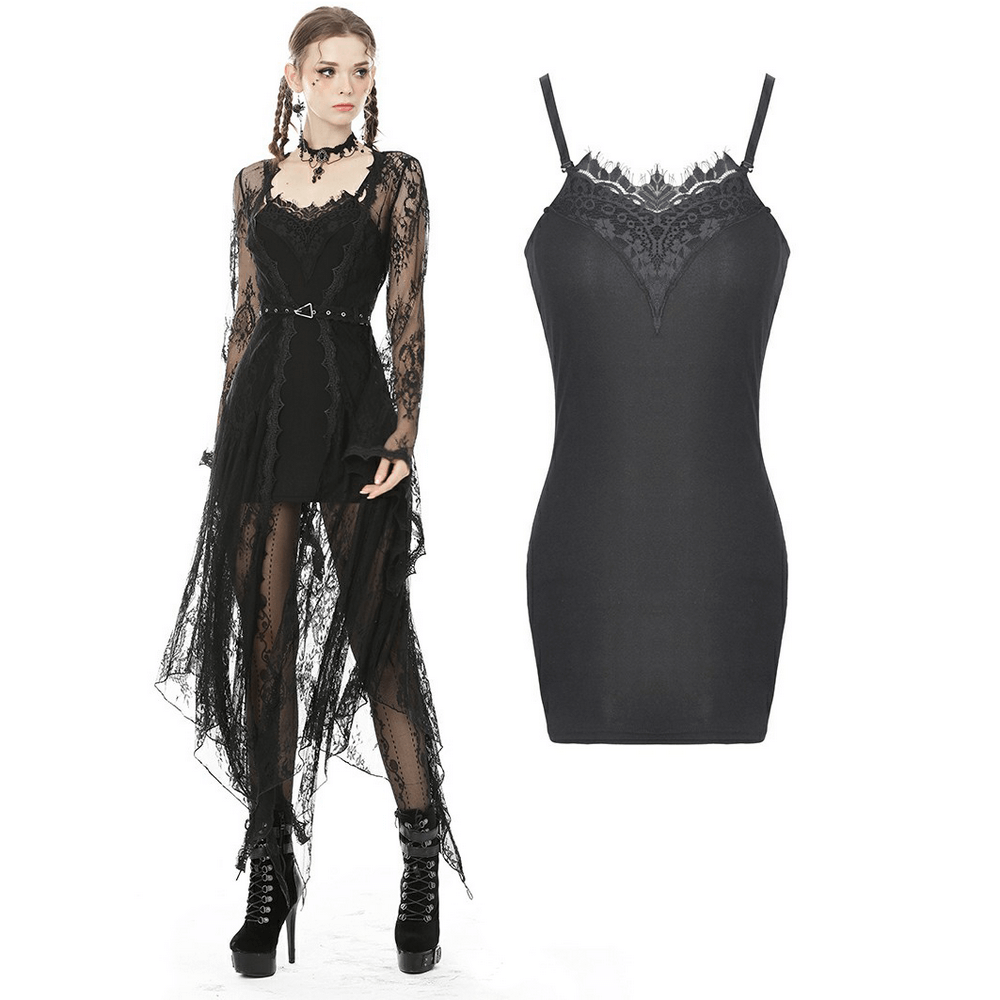 Elegant lace-trimmed black bodycon dress with straps, showcasing a gothic vibe and flattering fit.