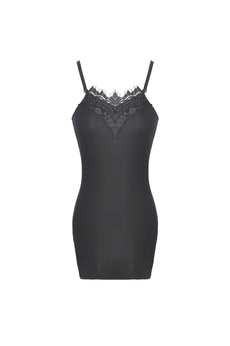 Elegant Lace-Trimmed Black Bodycon Dress With Straps