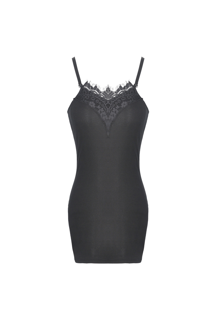 Elegant Lace-Trimmed Black Bodycon Dress With Straps Elegant Lace-Trimmed Black Bodycon Dress With Straps