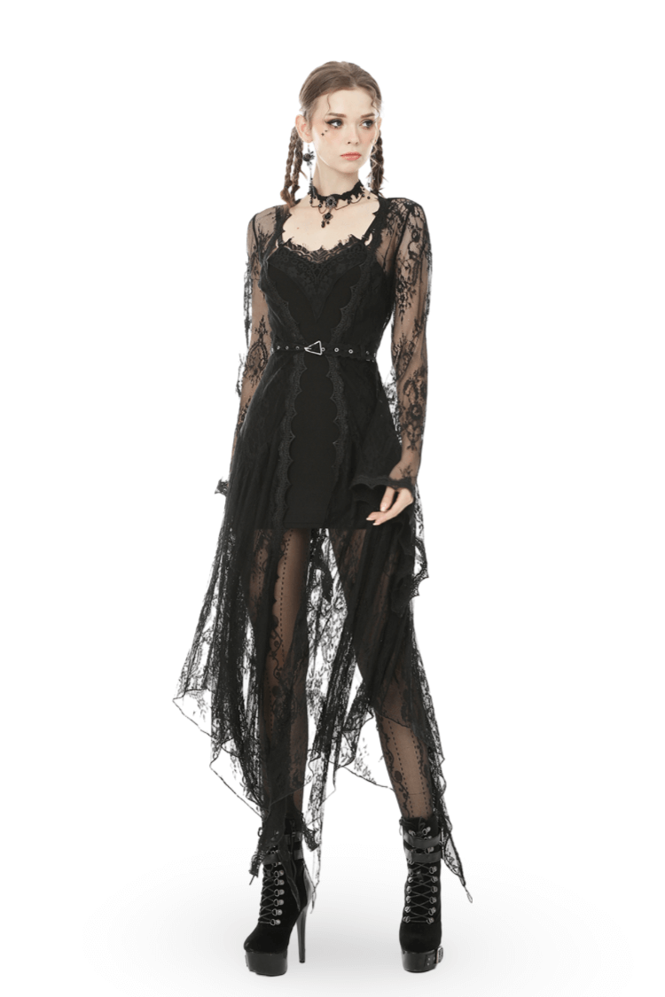 Elegant black lace-trimmed bodycon dress with straps, perfect for goth-inspired fashion enthusiasts.