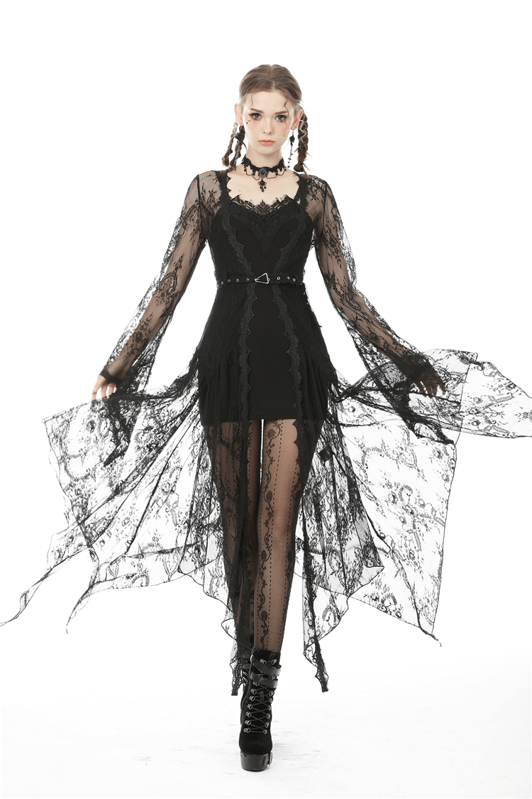 Elegant black lace-trimmed bodycon dress with flowing sleeves, perfect for a goth-inspired night out.