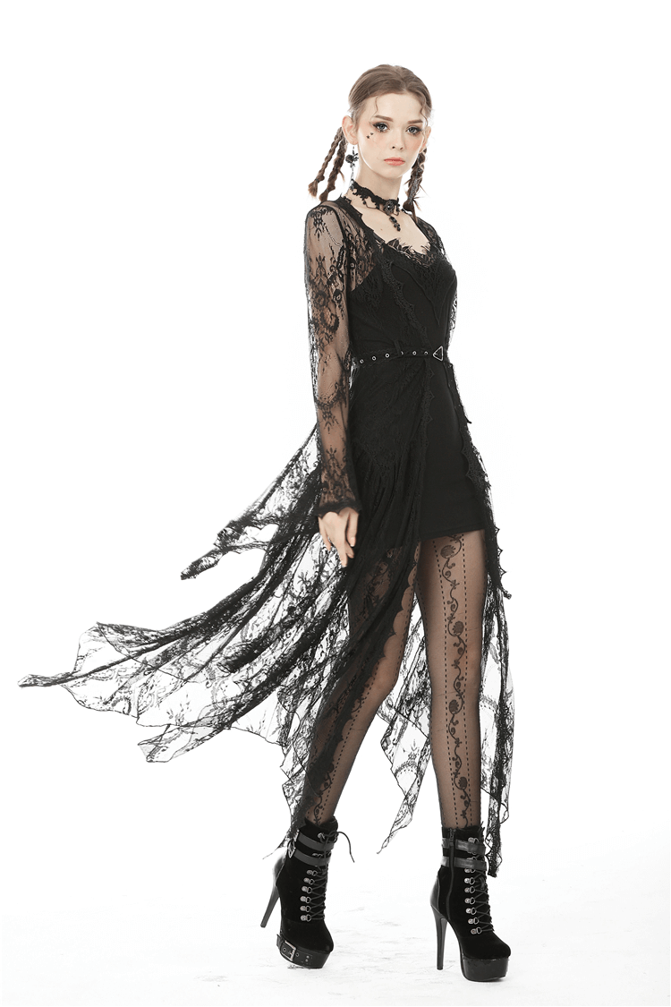 Elegant black lace dress with sheer overlay, belted waist, and edgy high heels, perfect for goth-inspired fashion.