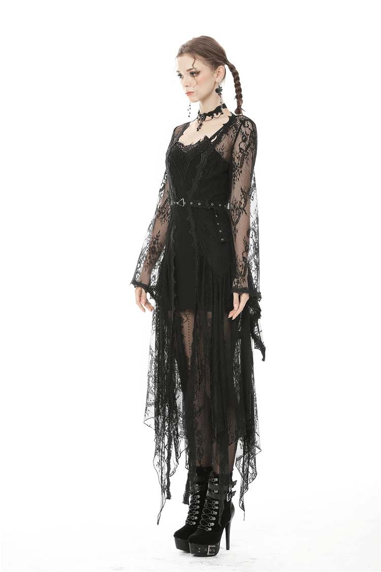Goth-inspired black lace dress with long sleeves, layered design, and chunky platform boots, perfect for a dramatic look.