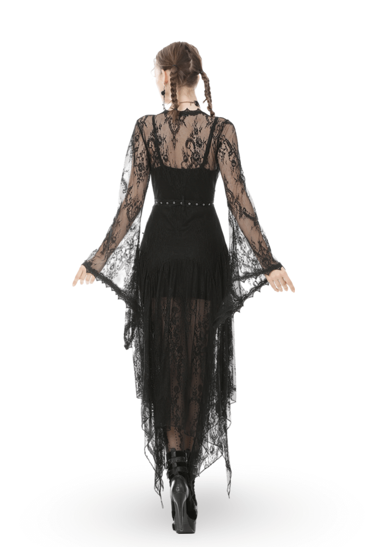 Elegant black lace dress with flowing sleeves and a fitted bodice, showcasing a stylish, gothic-inspired look.
