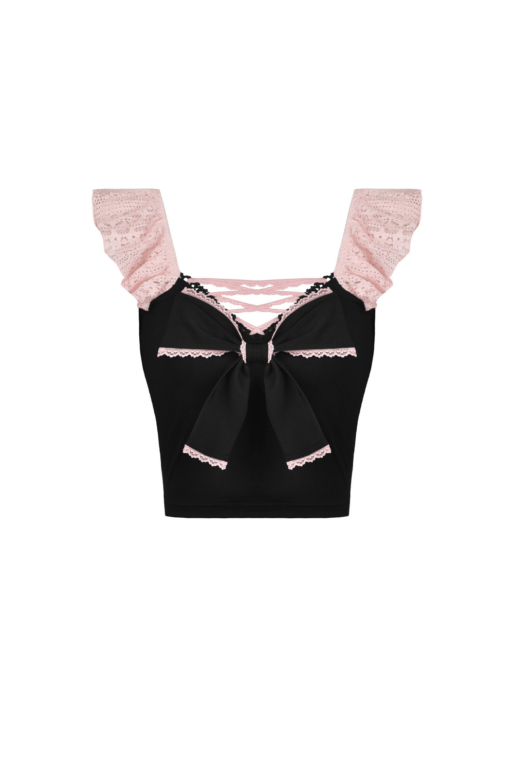 Elegant black crop top with pink lace trim and bow detail, perfect for stylish evening wear.