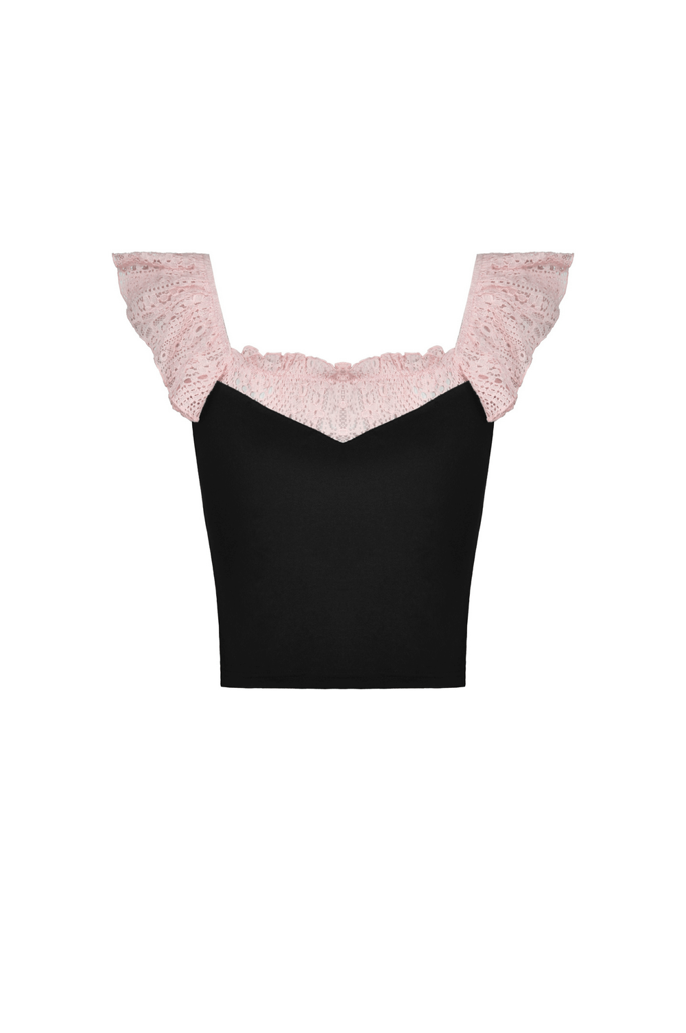Elegant black crop top with pink lace trim and bow detail, perfect for stylish evening wear.