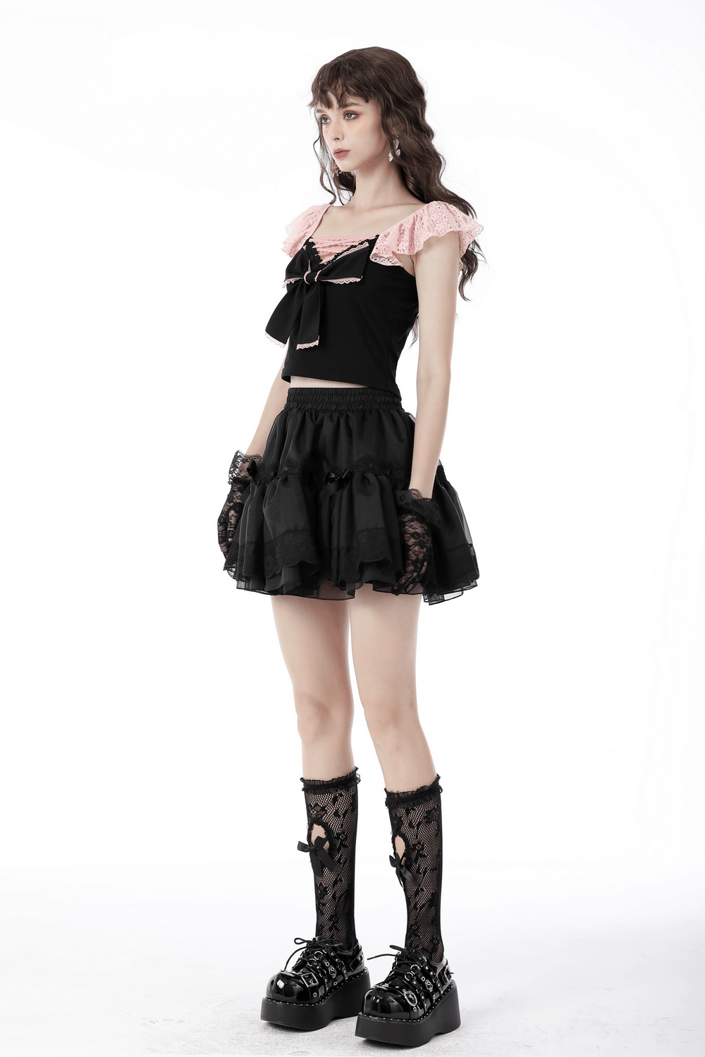 Elegant Lace-Trimmed Black Crop Top With Bow Detail