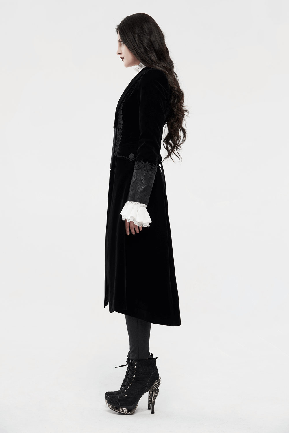 Side view of an elegant lace-trimmed Gothic long coat for women, showcasing its noble velvet and jacquard design.