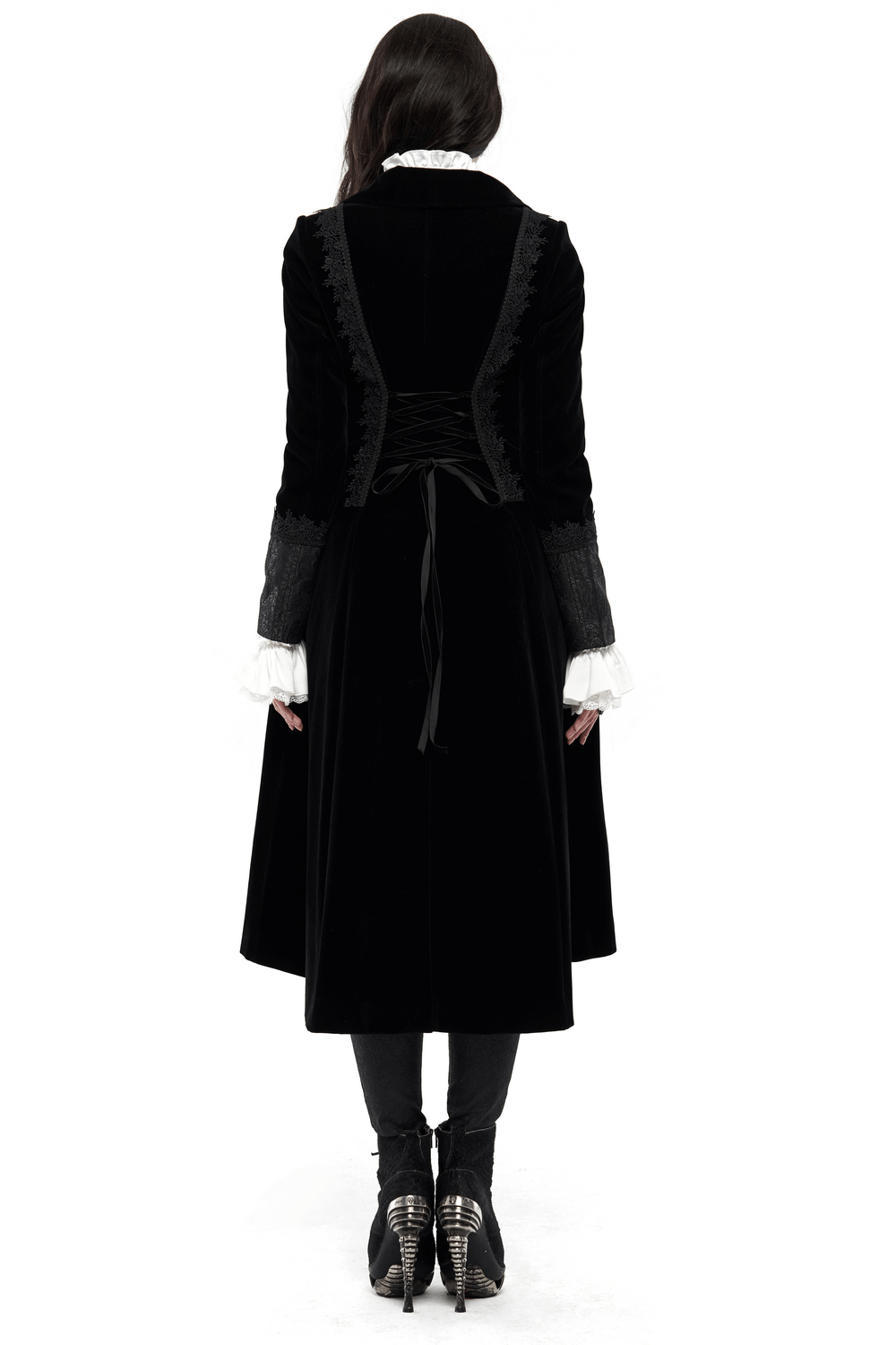 Elegant lace-trimmed Gothic long coat with jacquard design, showcasing a noble black velvet finish and dramatic back view.