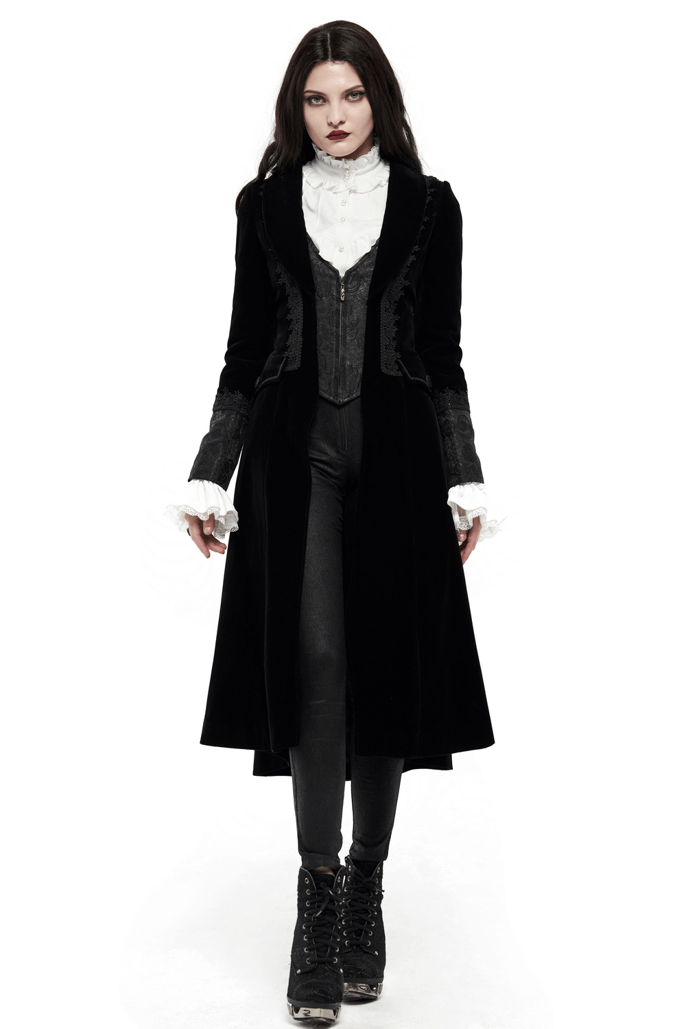 Elegant Gothic velvet coat with lace cuffs, perfect for a mysterious evening look. Stunning jacquard design adds sophistication.