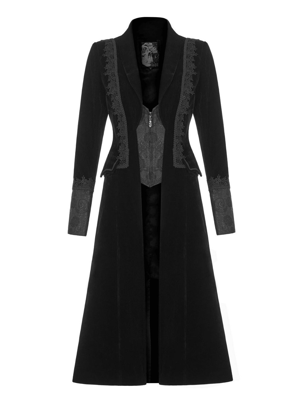 Elegant long Gothic coat for women with lace trim and jacquard design, featuring a striking collar and fitted silhouette.