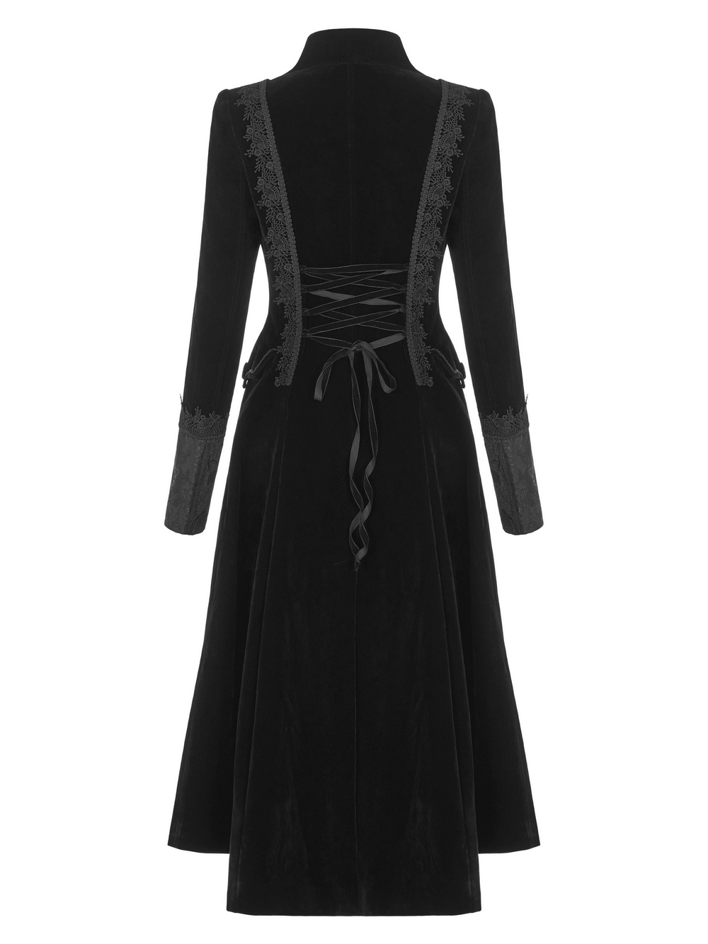 Elegant black Gothic long coat with lace trim and jacquard design, showcasing a fitted back and flowing silhouette.