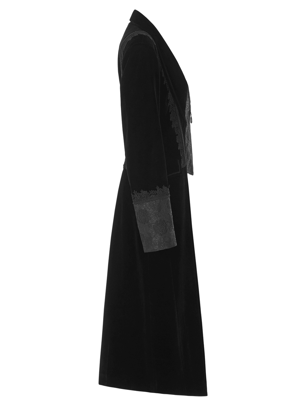 Elegant black lace-trimmed Gothic long coat for women, featuring a fitted silhouette and jacquard details.