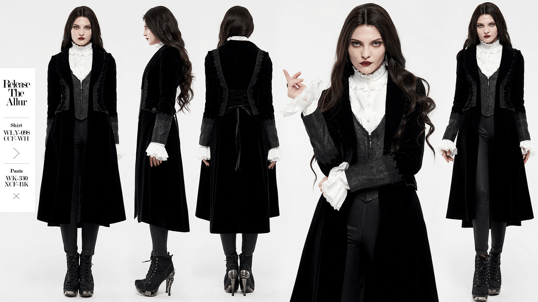 Elegant Gothic long coat with lace trim, featuring jacquard fabric and stylish collar, perfect for vampiric allure.