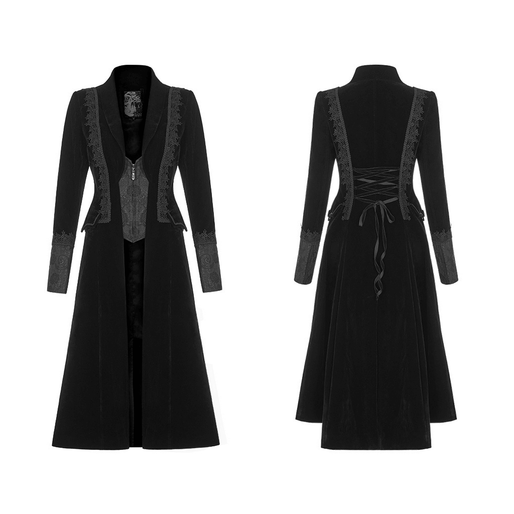 Elegant Gothic long coat for women featuring lace trim and jacquard design, perfect for a mysterious evening look.