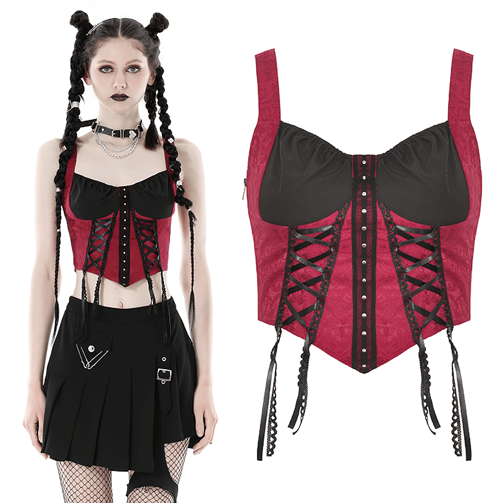 Elegant burgundy and black lace-up corset with intricate detailing for a striking gothic look.