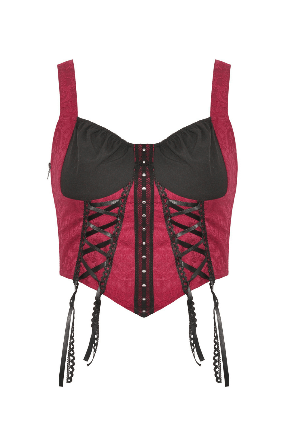Elegant burgundy corset with black accents and lace ties, perfect for gothic style and cosplay.