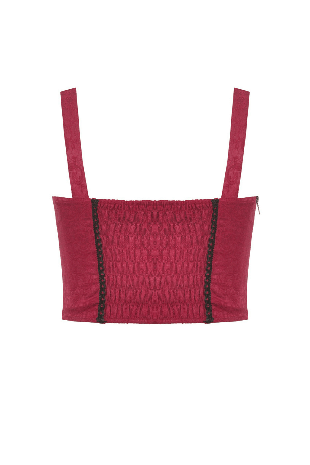 Elegant burgundy lace-up corset top with black accents, perfect for gothic fashion and versatile styling.