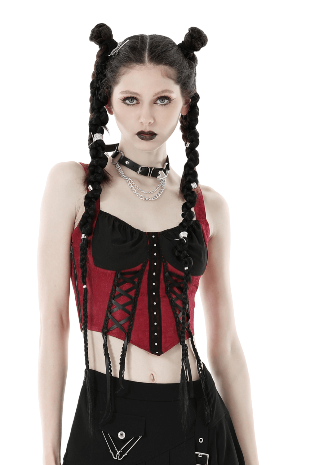 Victorian goth bustier corset in burgundy and black with lace-up design and stylish accessories.