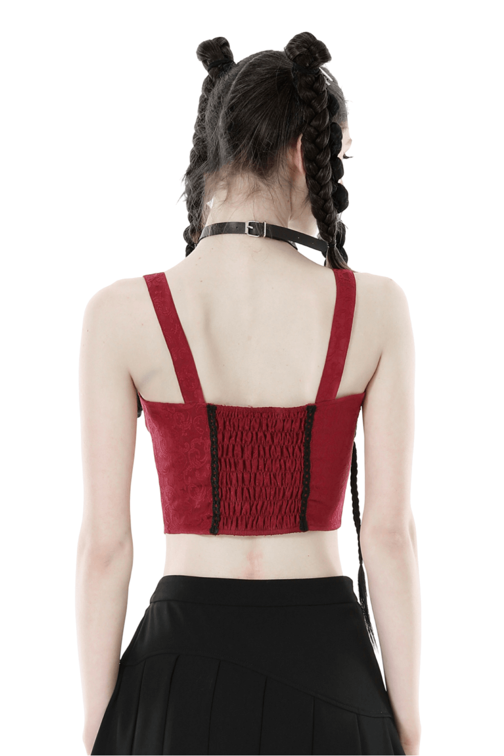 Back view of elegant burgundy lace-up corset with black accents, perfect for gothic style