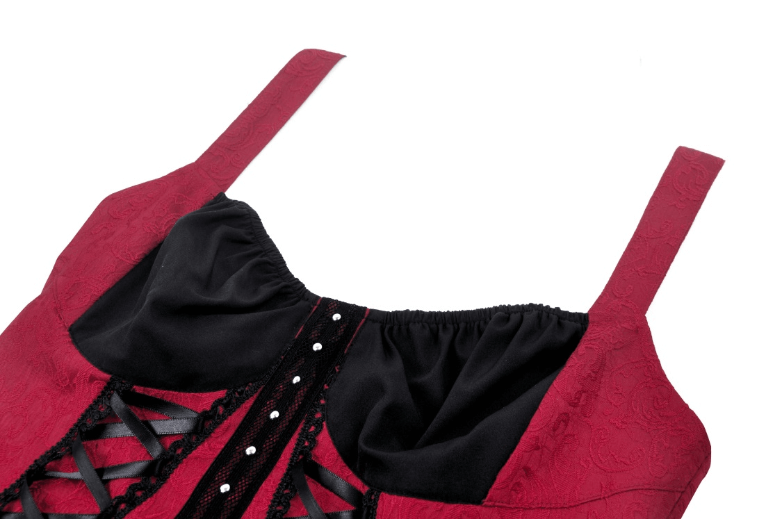 Elegant burgundy corset with black accents and lace ties, perfect for a gothic-inspired outfit.