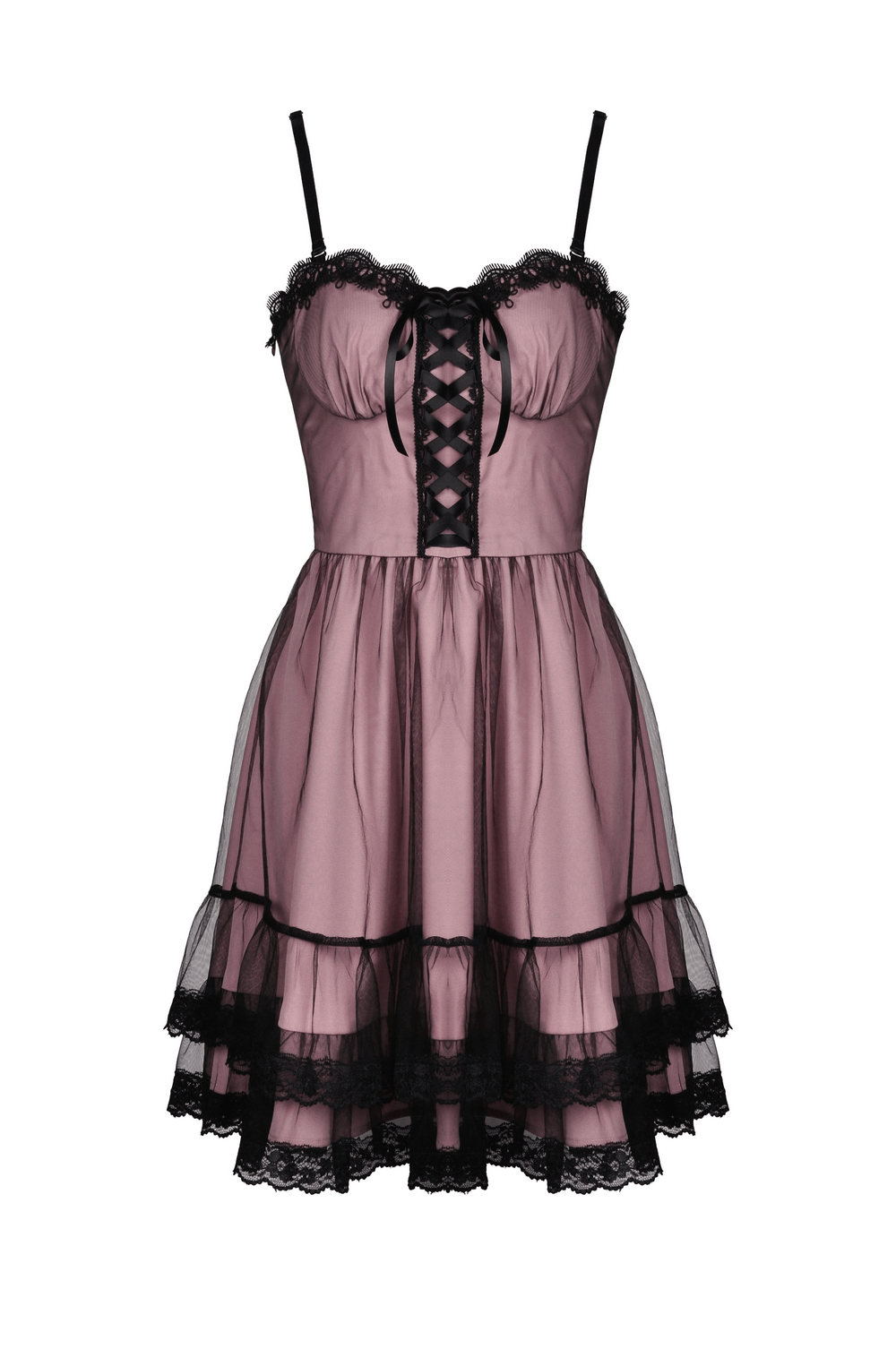 Elegant pink lace-up dress with black accents, ruffled hem, and delicate details for a stylish gothic look.