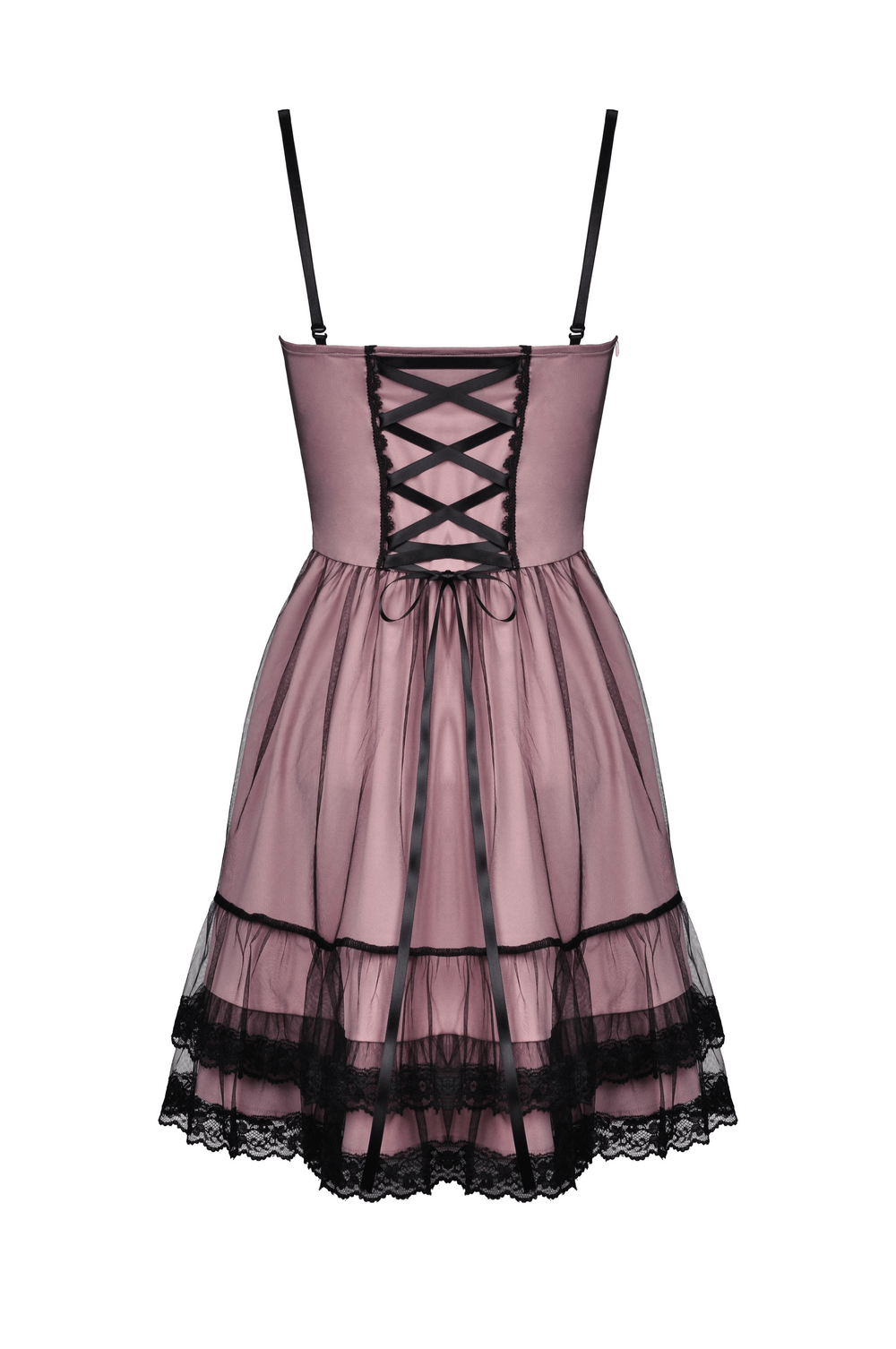 Elegant lace-up mini dress in soft pink with black lace accents and ruffled hem, perfect for gothic-inspired style.