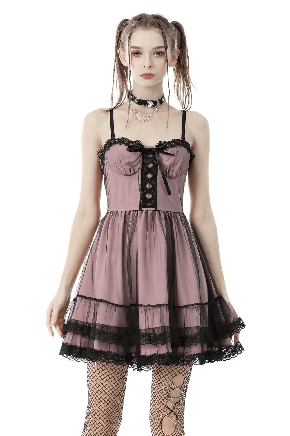 Elegant lace-up gothic mini dress with ruffled hem and black lace accents, perfect for a stylish look.